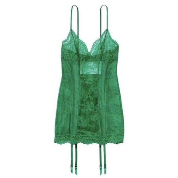 VICTORIAS SECRET Green Triangle Lace Tie Garter Slip Lingerie Women’s Small NWT - Picture 3 of 15